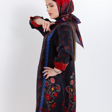 Riyana Midnight Black Cupro Satin Kaftan Set with Matching Scarf