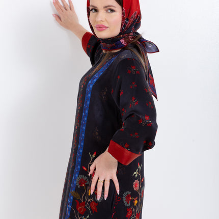 Riyana Midnight Black Cupro Satin Kaftan Set with Matching Scarf