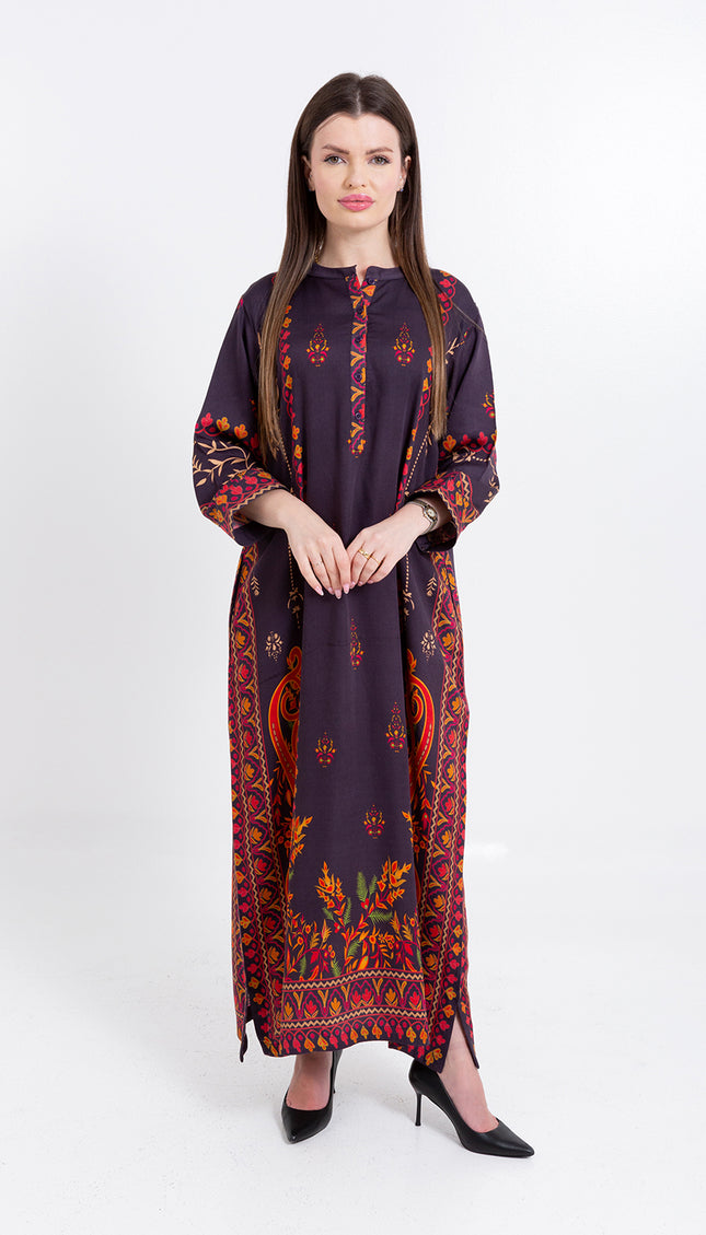Zivara Wine Plum Cupro Satin Kaftan Set with Matching Scarf