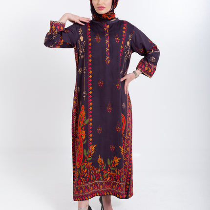 Zivara Wine Plum Cupro Satin Kaftan Set with Matching Scarf