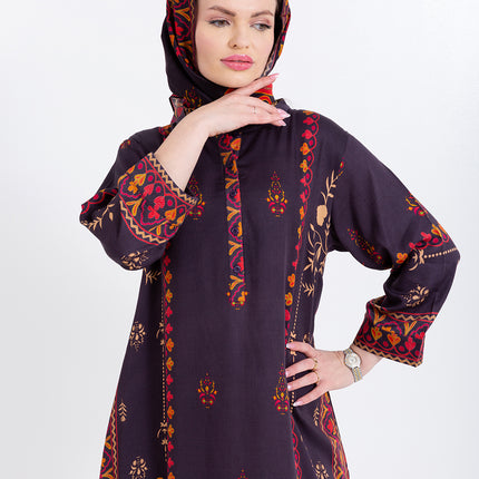 Zivara Wine Plum Cupro Satin Kaftan Set with Matching Scarf