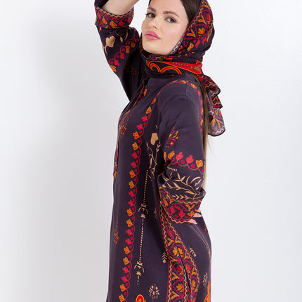 Zivara Wine Plum Cupro Satin Kaftan Set with Matching Scarf