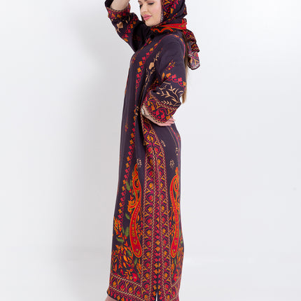 Zivara Wine Plum Cupro Satin Kaftan Set with Matching Scarf