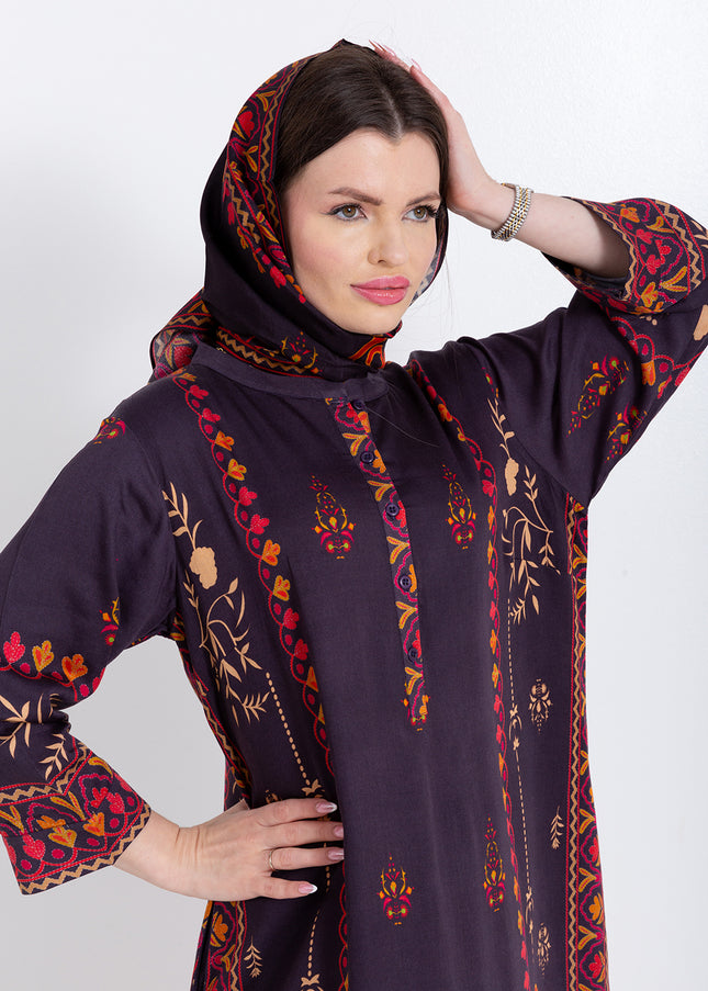 Zivara Wine Plum Cupro Satin Kaftan Set with Matching Scarf