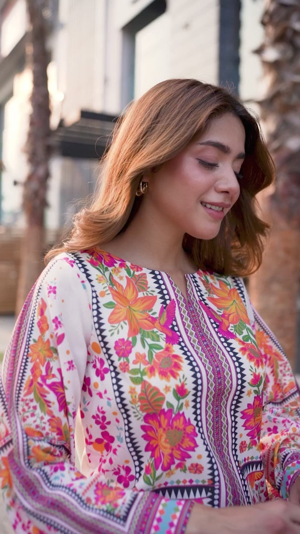 Tropical Bloom Kaftan Set – Natural Crepe